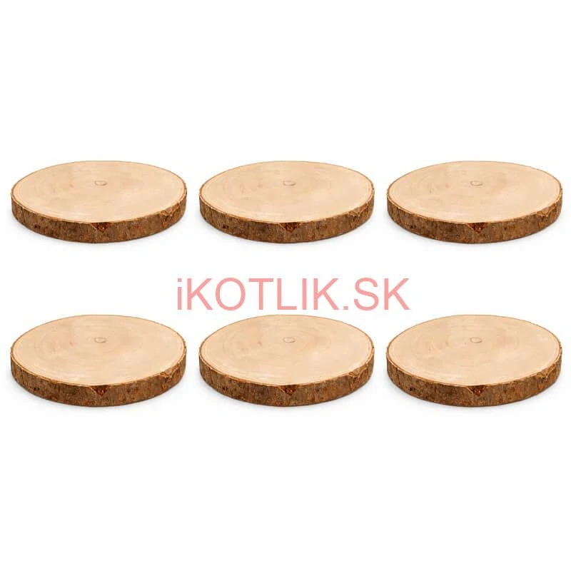 Súprava 6 drevených podnosov z prírodného plátku dreva s kôrou Ø 20–24 cm