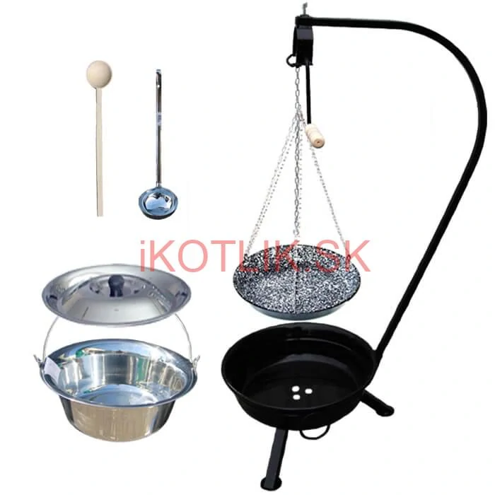 Nerezový kotlík 14 L (0,8 mm) INOX + smaltovaná panvica + ohnisko so stojanom a s poistnou kladkou VAR
