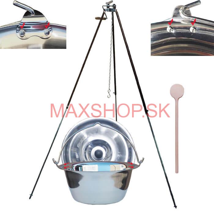 Antikorový kotlík 15 L (0,8 mm) s nitmi + teleskopická trojnožka s poistnou kladkou + pokrievka