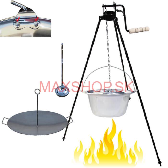 Antikorový kotlík 20 L (0,8 mm) s nitmi + panvica na grilovanie a stojan s kladkou VAR