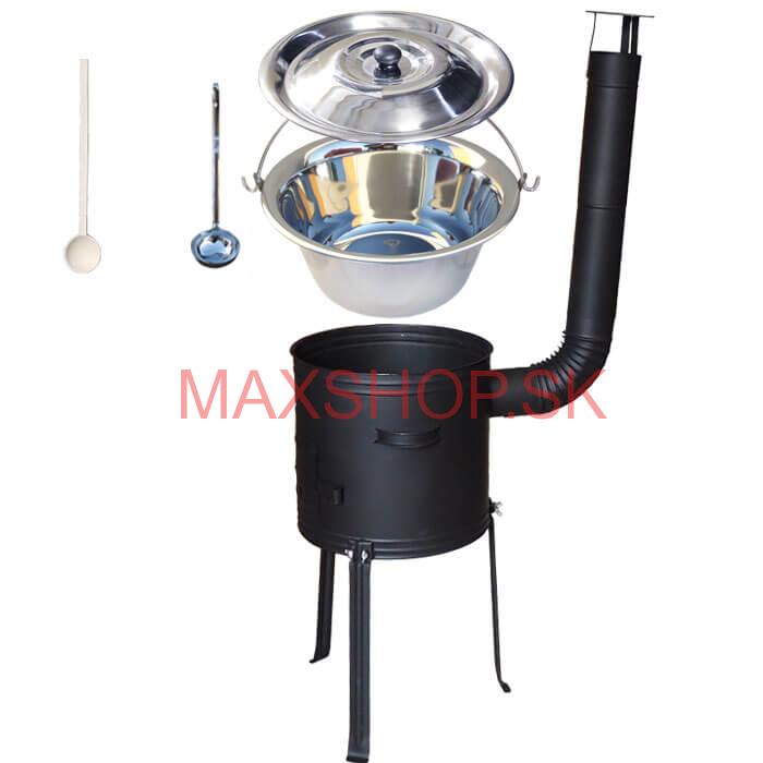 Antikorový kotlík 14 L (0,8 mm) + kovová kotlina s vysokými nožičkami 36 cm + vareška a naberačka