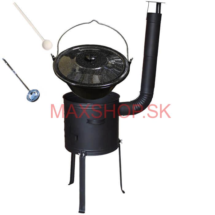 Smaltovaný kotlík 25 L + kovová kotlina s vysokými nožičkami 42 cm, žiaruvzdorná farba Plus 700 + vareška a naberačka