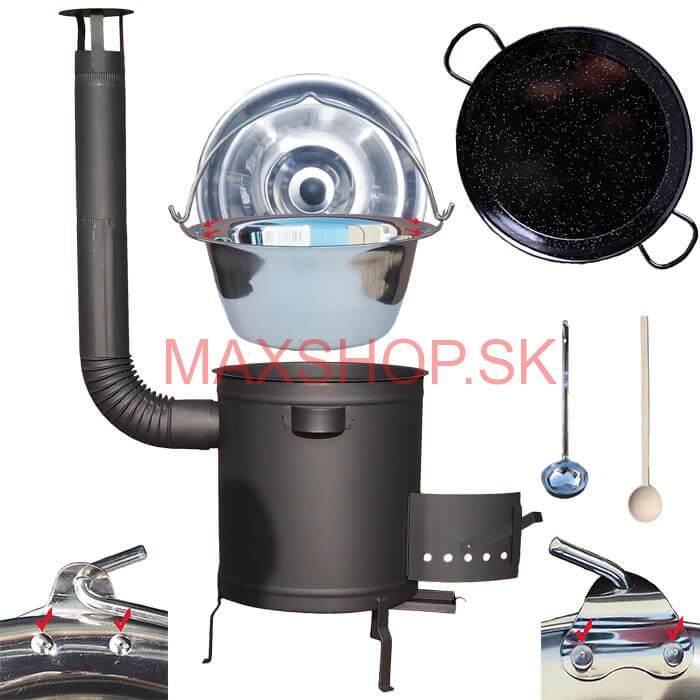 Nerezový kotlík 15 L (0,8 mm) zosilnený s nitmi + Paella panvica 38 cm + hrubostenná (1,5 mm) žiaruvzdorná kotlina 36 PLUS 600