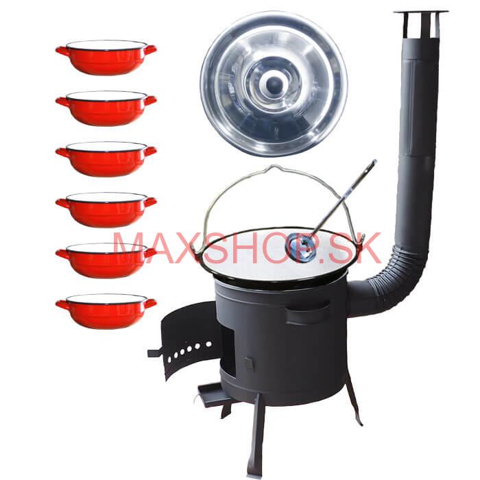 Smaltovaný kotlík 20 L + selské misky 6 ks + nízka žiaruvzdorná kotlina 42 cm PLUS 600