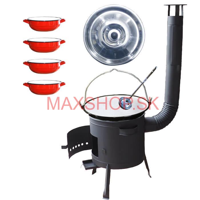 Smaltovaný kotlík 16 L + selské misky 4 ks + nízka žiaruvzdorná kotlina 39 cm PLUS 600