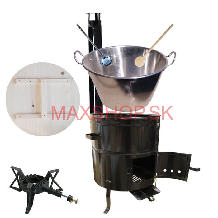 Zabíjačkový nerezový kotol 100 L, kovová kotlina 60 cm, drevená pokrievka, horák 7 kW + dymovod