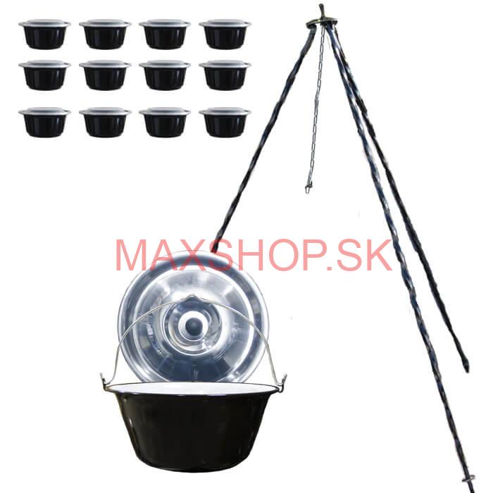 Smaltovaný kotlík 10 L + pokrievka + stojan + misky 12 ks
