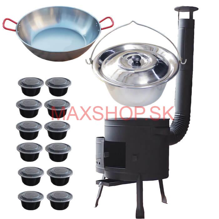 Nerezový kotlík 22 L (0,8 mm) INOX + Panvica PAELLA (WOK) 45 cm + misky 12 ks + nízka kotlina 42 PLUS 600