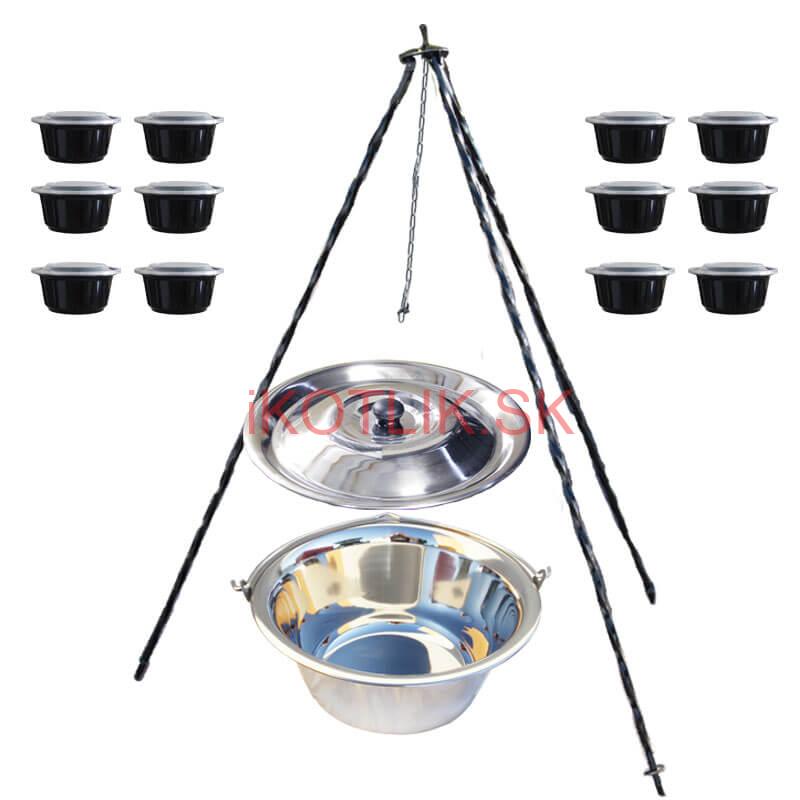 Nerezový kotlík 10 L (0,8 mm) + antikorová pokrievka + stojan + misky 12 ks