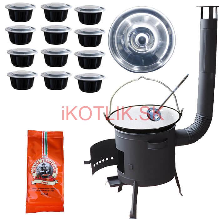 Smaltovaný kotlík 20 L (1,2 mm) + pokrievka + misky 12 ks + nízka žiaruvzdorná kotlina (0,8 mm) 42 PLUS 600