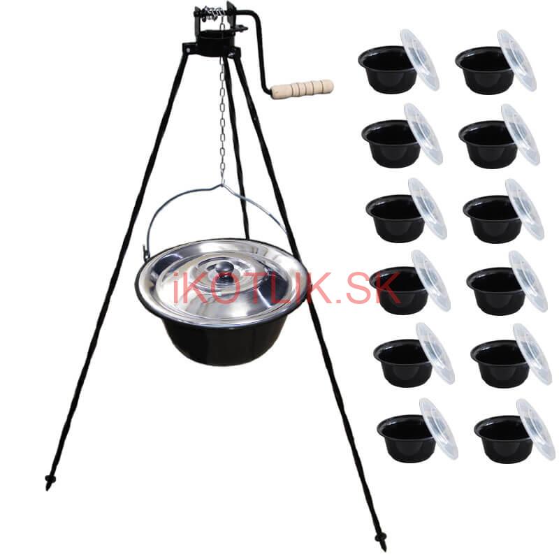 Smaltovaný kotlík 25 L + stojan s kladkou VAR + misky 12 ks