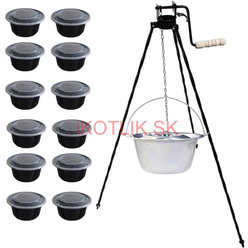 Nerezový kotlík 20 L (0,8 mm) + stojan s kladkou VAR + misky 12 ks