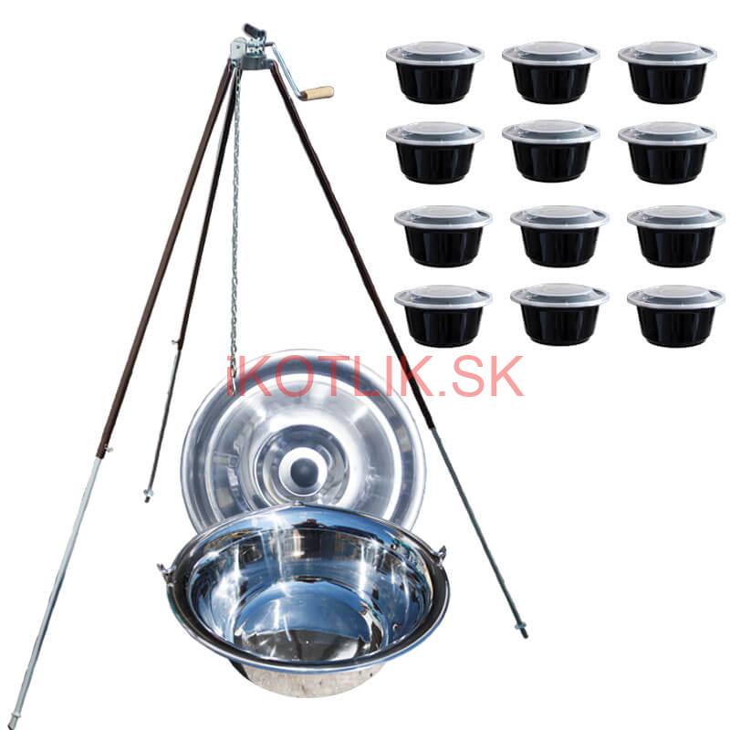 Antikorový kotlík 20 L (1,2 mm) + teleskopická trojnožka s poistnou kladkou + misky 12 ks