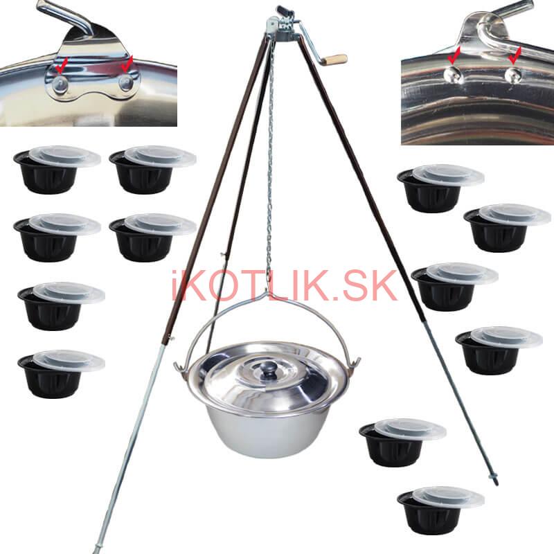 Antikorový kotlík 30 L (0,8 mm) s nitmi + teleskopická trojnožka s poistnou kladkou + misky 12 ks