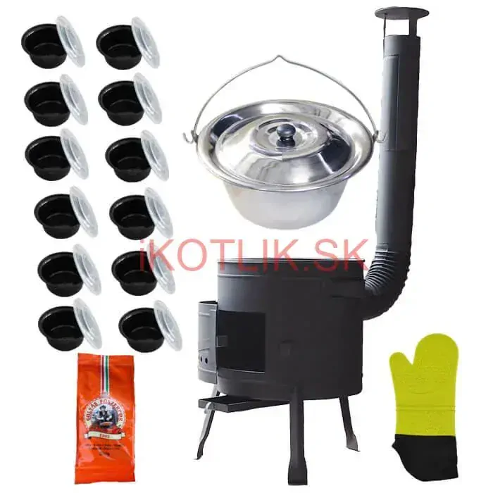 Nerezový kotlík 22 L (0,8 mm) + misky 12 ks + nízka žiaruvzdorná kotlina (1,0 mm) 42 PLUS 600