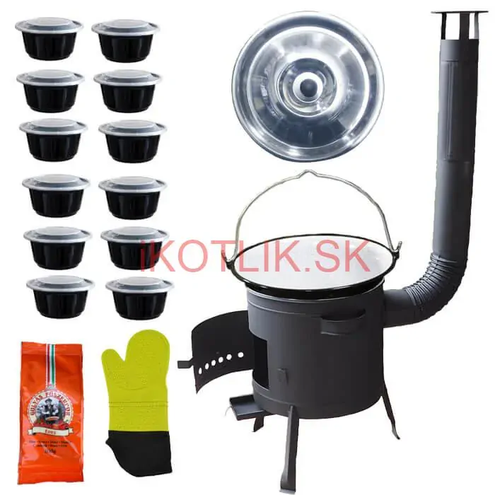 Smaltovaný kotlík 22 L (1,2 mm) + misky 12 ks + nízka žiaruvzdorná kotlina (1,5 mm) 42 PLUS 600