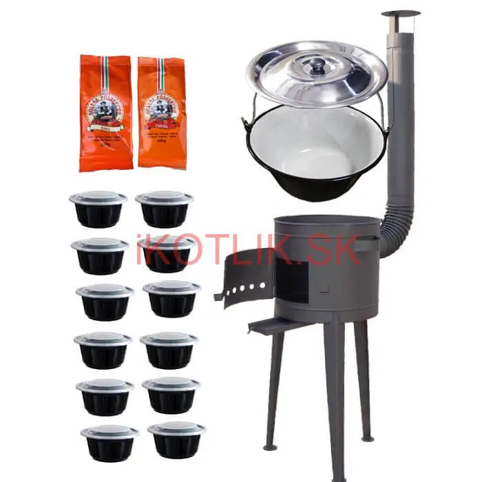 Smaltovaný kotlík 22 L (1,2 mm) + vysoká žiaruvzdorná  kotlina 42 cm PLUS 600 + misky 12 ks + 2 x korenie na guláš 100 g