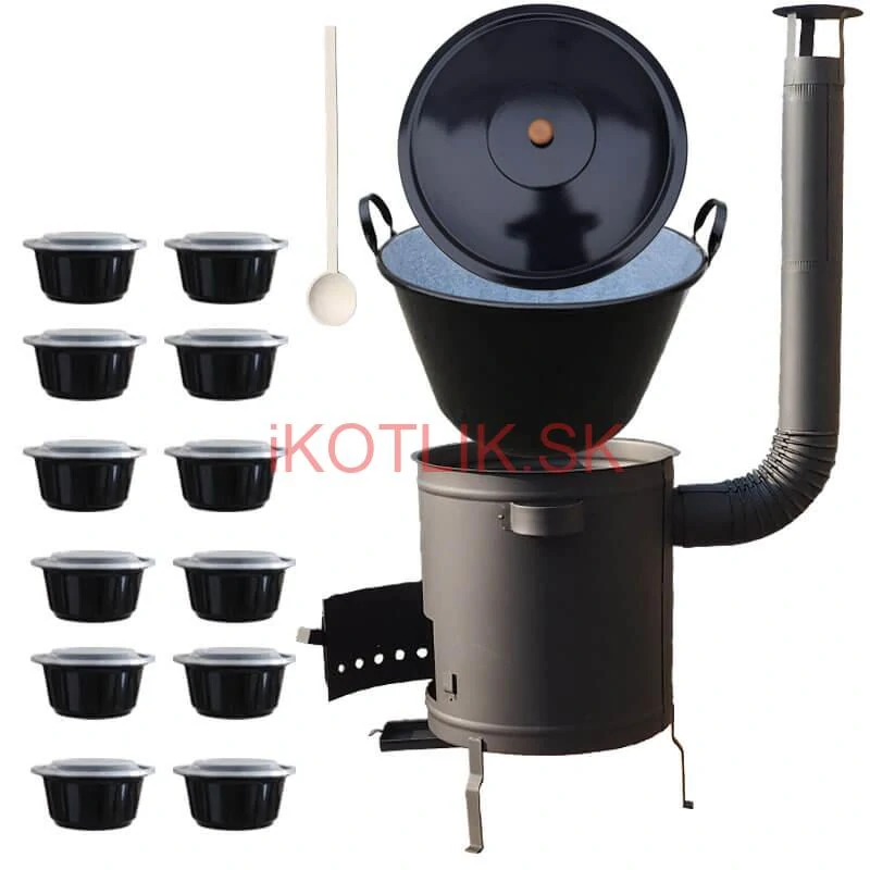 Smaltovaný kotol 70 L + hrubostenná kotlina 53 cm (2 mm) STRONG PLUS 600 + misky 12 ks