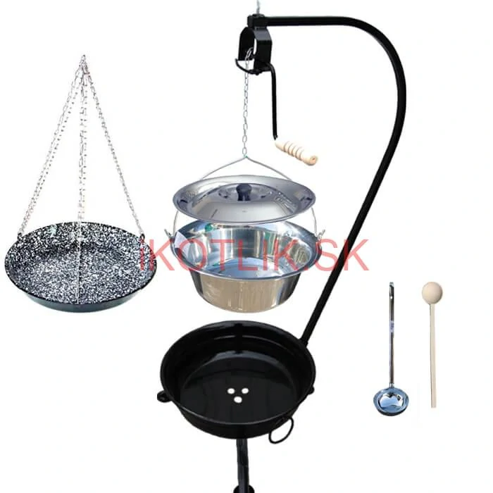 Nerezový kotlík 10 L (0,8 mm) INOX + smaltovaná panvica + ohnisko so stojanom a s poistnou kladkou VAR