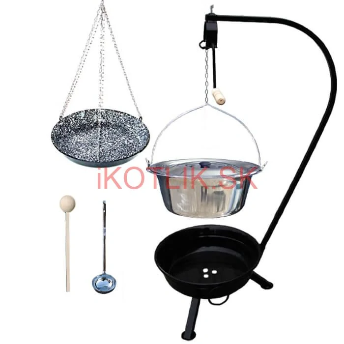 Nerezový kotlík 10 L (1,2 mm) INOX + smaltovaná panvica + ohnisko so stojanom a s poistnou kladkou VAR